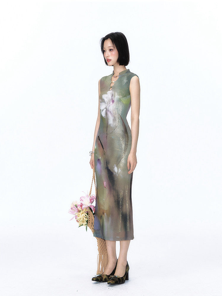 Shimmer Abstract Lily Fishtail Cheongsam Dress