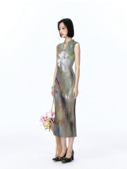 Shimmer Abstract Lily Fishtail Cheongsam Dress