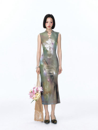 Shimmer Abstract Lily Fishtail Cheongsam Dress