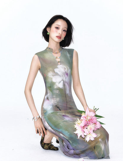 Shimmer Abstract Lily Fishtail Cheongsam Dress