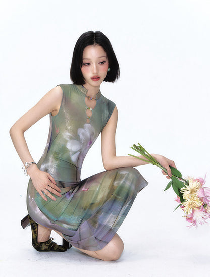 Shimmer Abstract Lily Fishtail Cheongsam Dress