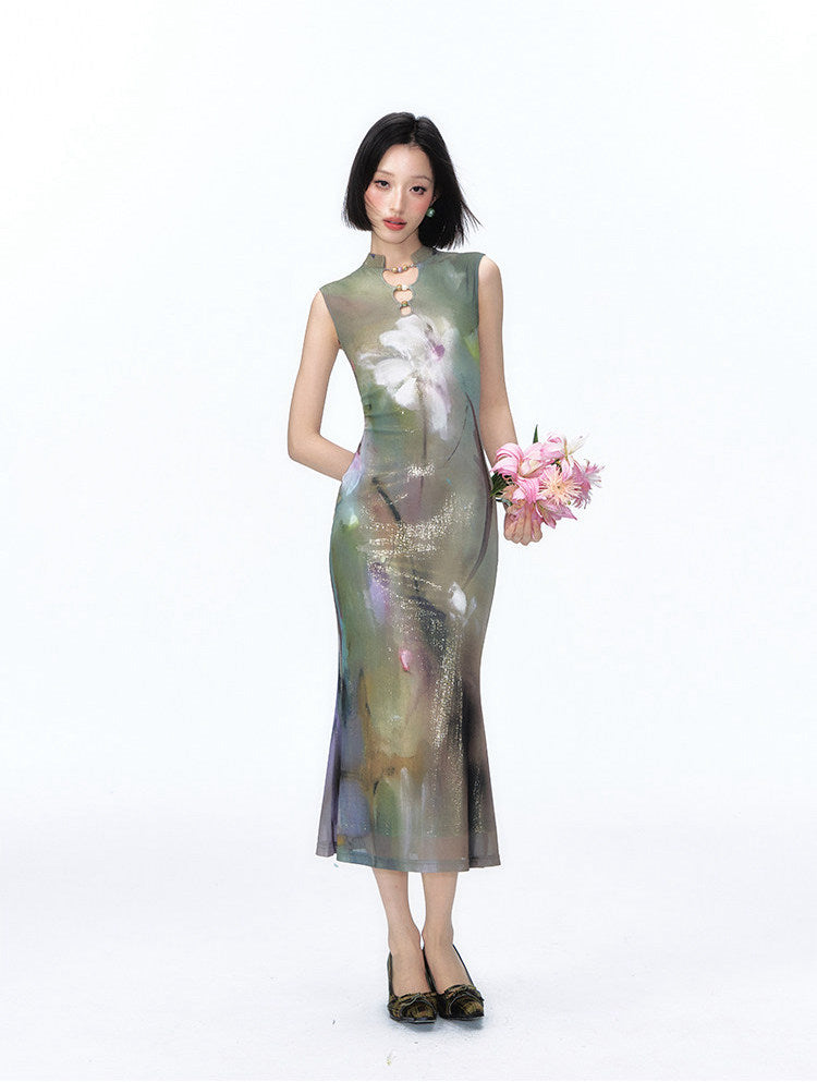 Shimmer Abstract Lily Fishtail Cheongsam Dress