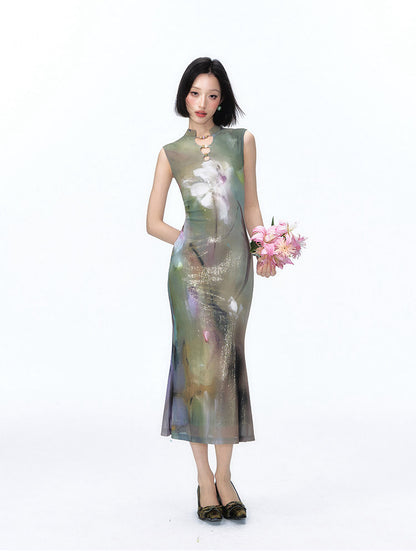Shimmer Abstract Lily Fishtail Cheongsam Dress