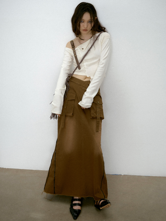 Distressed Large Pocket Cargo Maxi Skirt